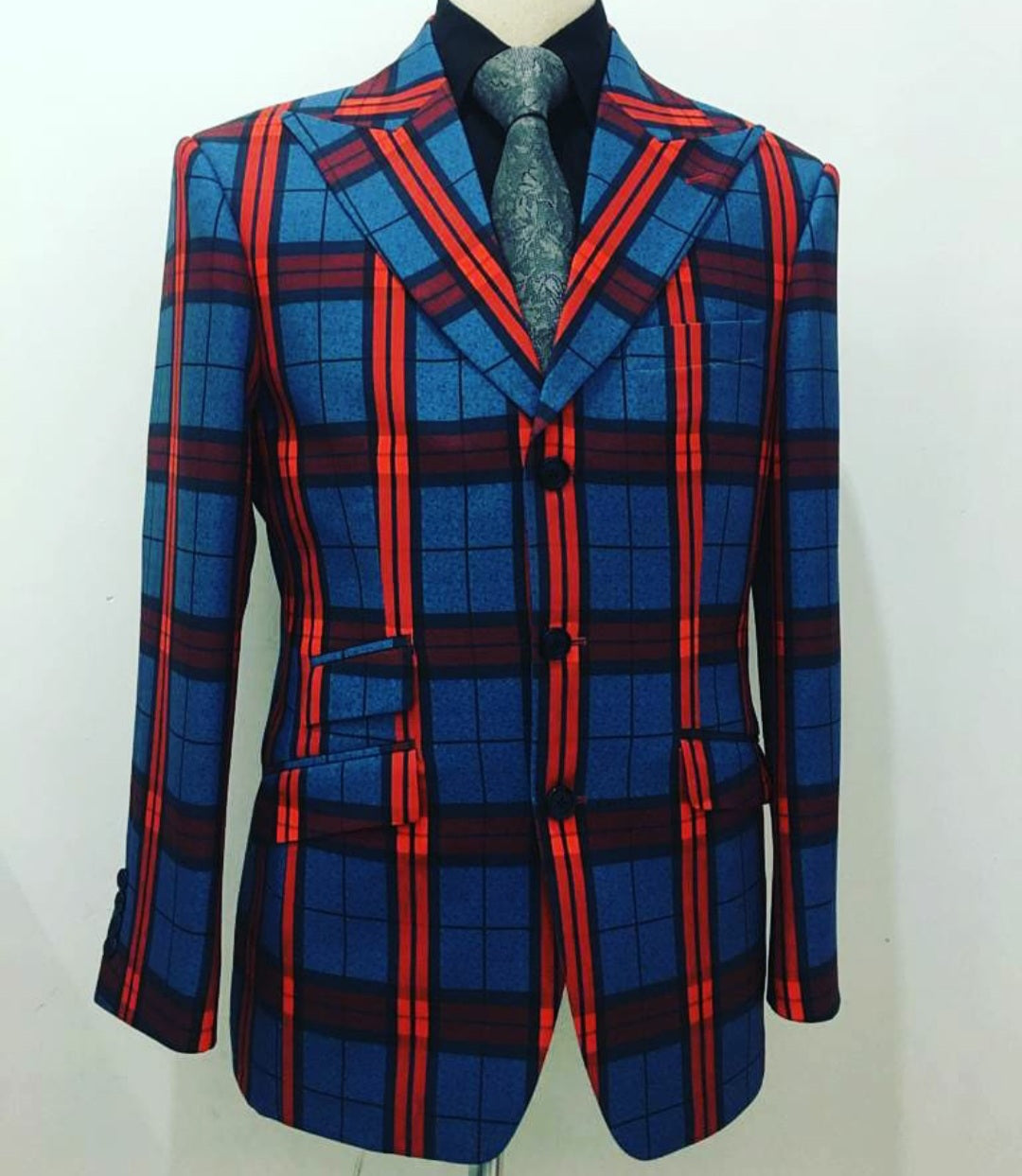 Red and Blue Pattern, Wool Gabardine Suit -G2